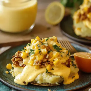 Smashed Potato Eggs Benedict with Corn Hollandaise