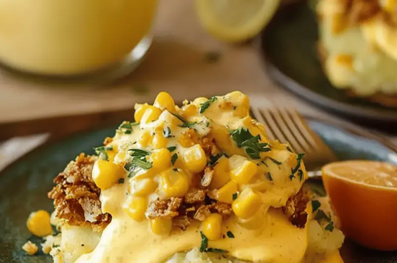 Smashed Potato Eggs Benedict with Corn Hollandaise
