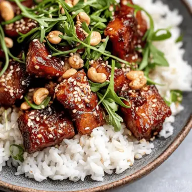 Crispy Pork Belly in Cashew Gochujang Sauce Over Crispy Rice