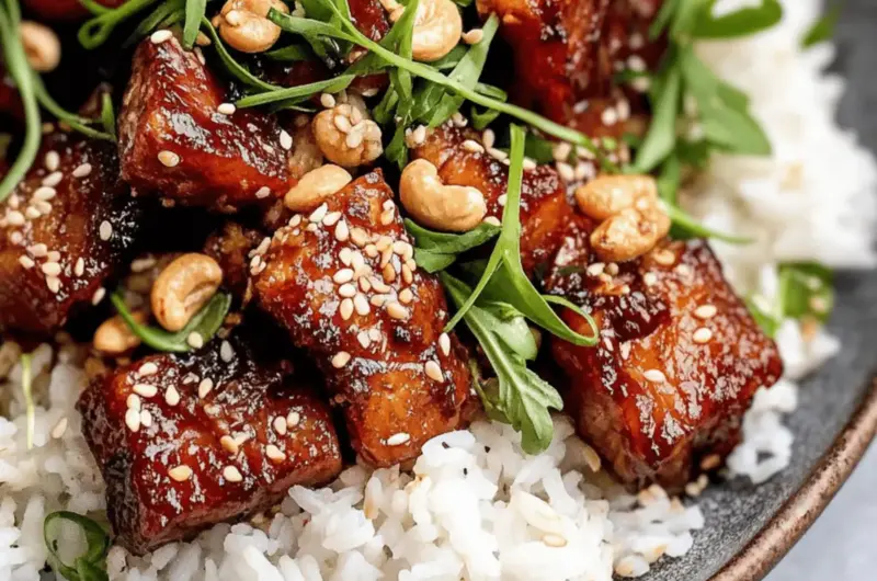 Crispy Pork Belly in Cashew Gochujang Sauce Over Crispy Rice