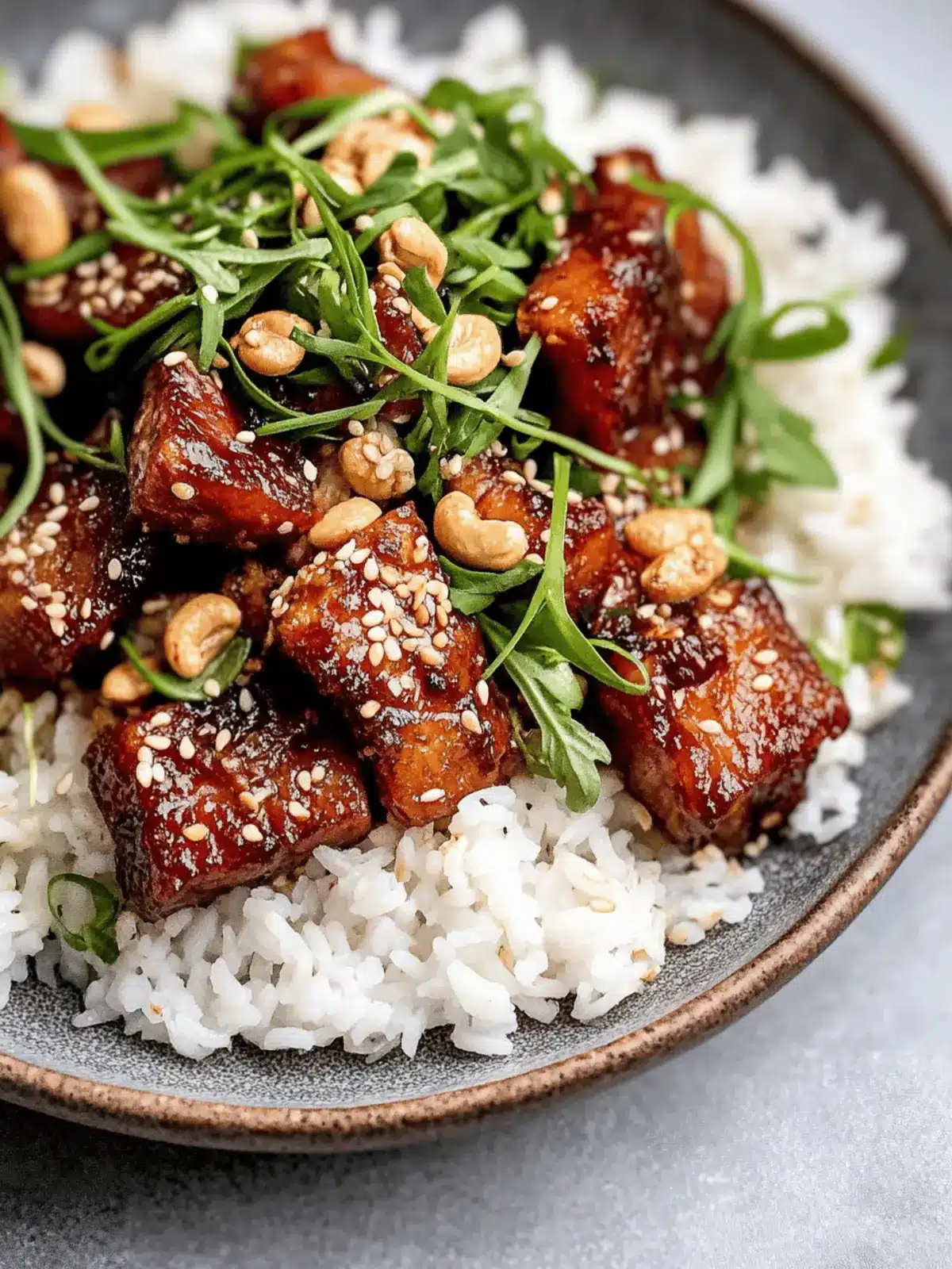 Crispy Pork Belly in Cashew Gochujang Sauce Over Crispy Rice