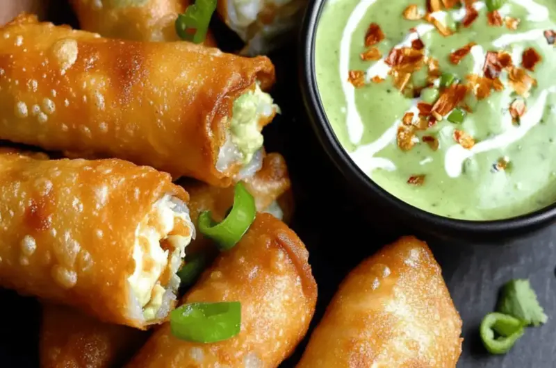 Crispy & Cheesy Elote Egg Rolls with Avocado Sauce