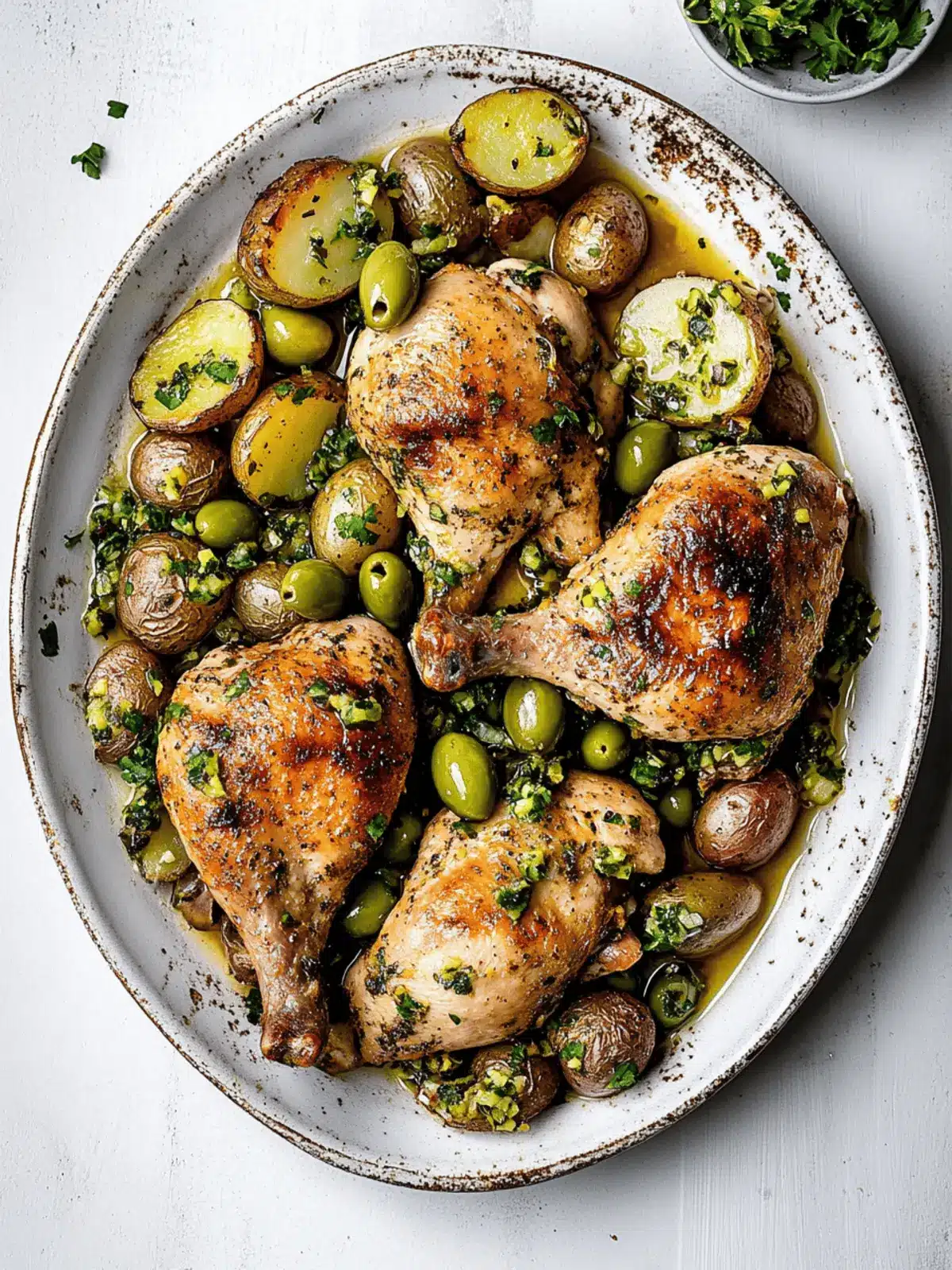 Sheet Pan Chicken and Potatoes with Green Olive Salsa