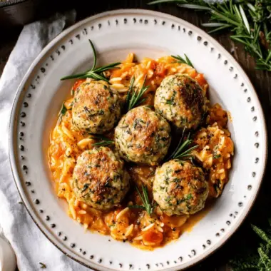 Baked Rosemary Chicken Meatballs with Tomato Orzo