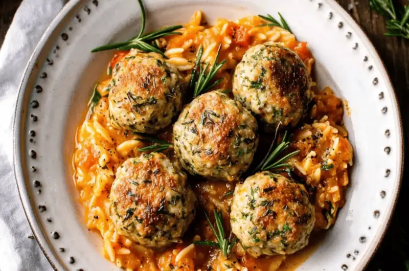 Baked Rosemary Chicken Meatballs with Tomato Orzo