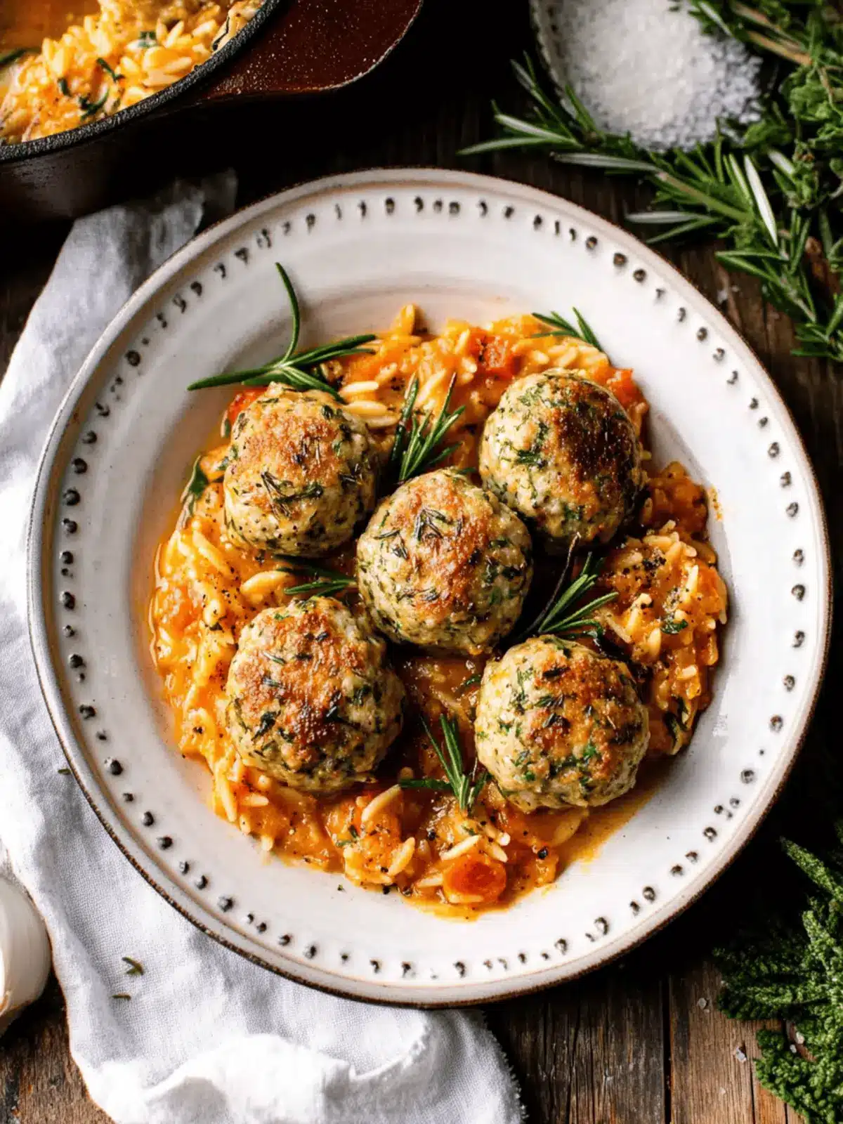 Baked Rosemary Chicken Meatballs with Tomato Orzo