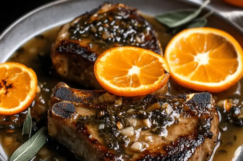 Orange Glazed Pork Chops with Garlic-Sage Pan Sauce