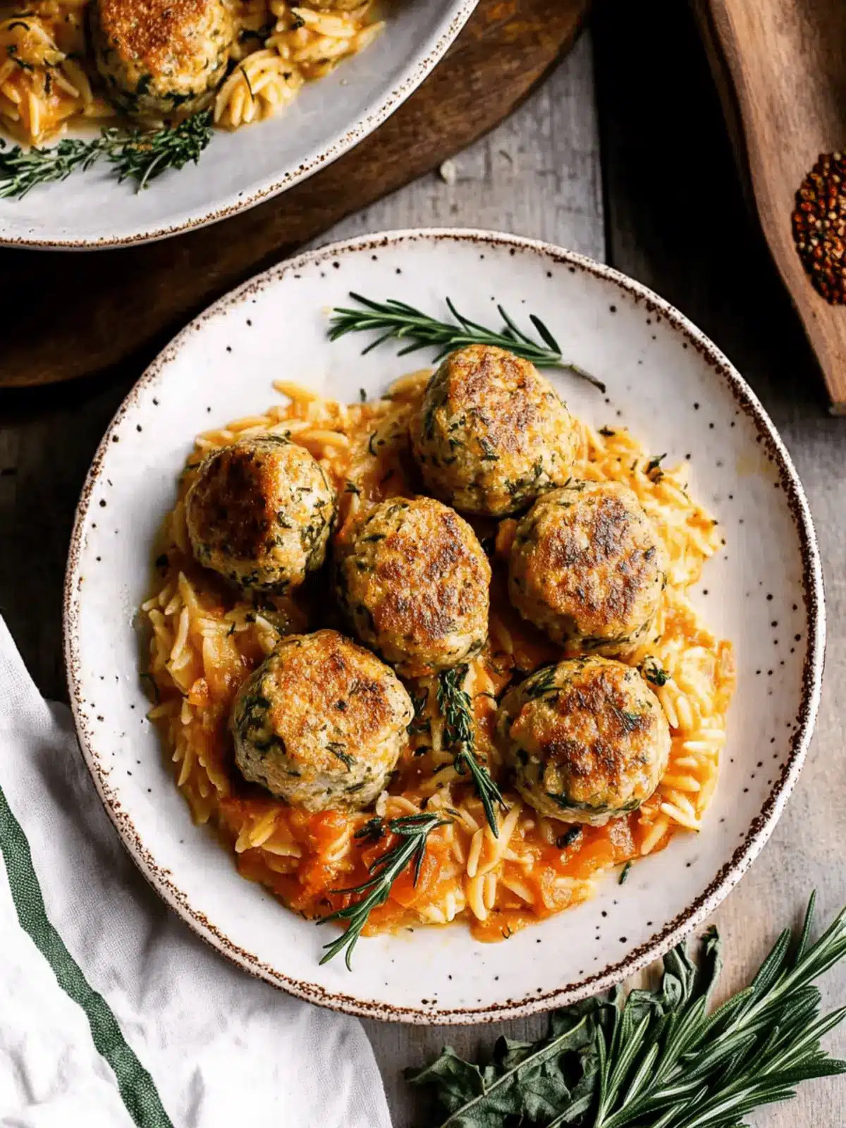 Baked Rosemary Chicken Meatballs with Tomato Orzo