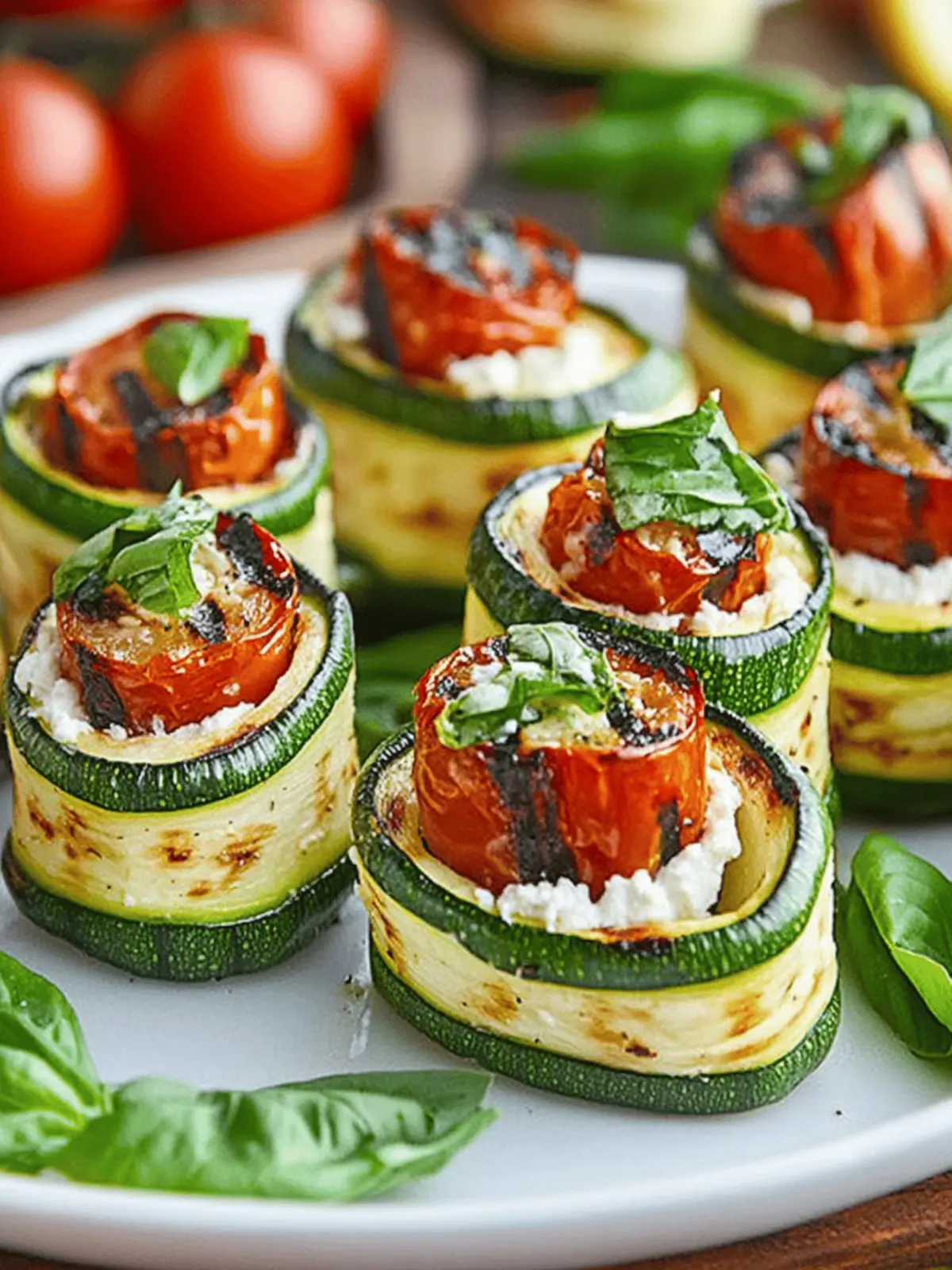 Grilled Zucchini Rollups Stuffed with Lemon-Basil Ricotta and Slow Roasted Tomatoes