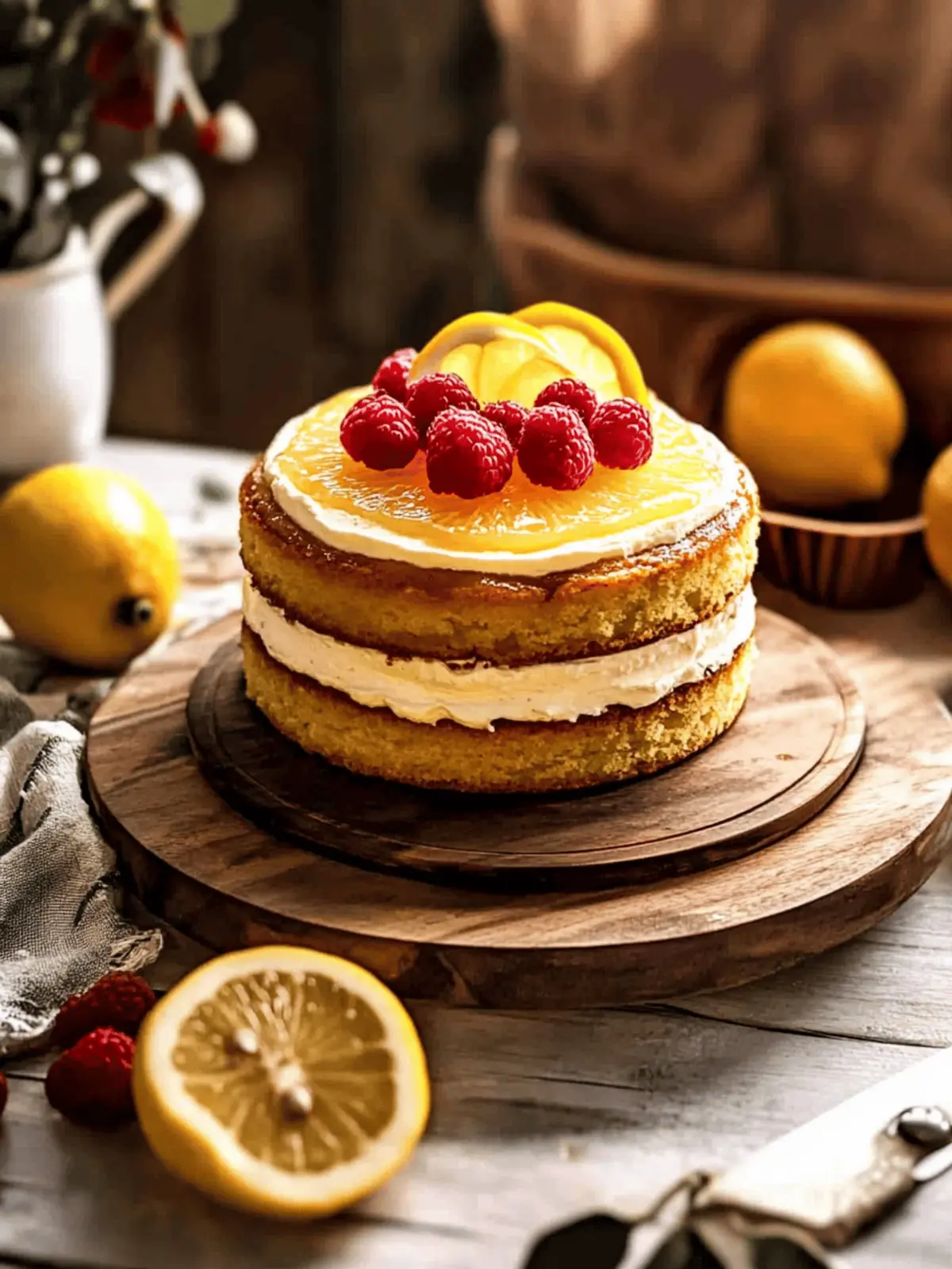 Meyer Lemon Olive Oil Cake with Bavarian Cream & Raspberry Agrodolce