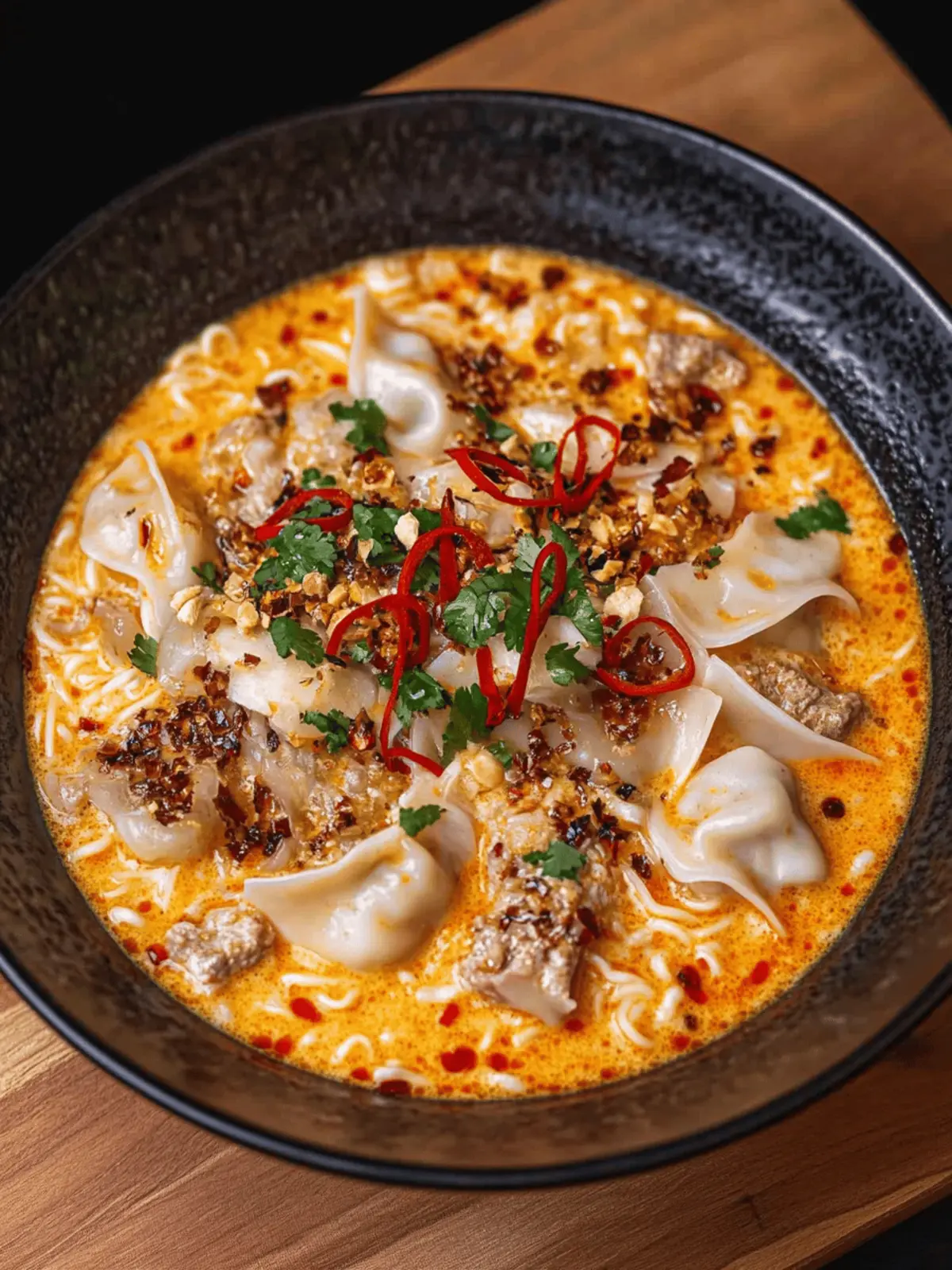 Chilli Oil Red Curry Wonton Ramen Made in One Pot