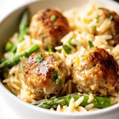Lemony Boursin Chicken Meatballs with Cheesy Asparagus Orzo