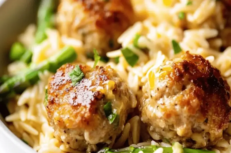 Lemony Boursin Chicken Meatballs with Cheesy Asparagus Orzo
