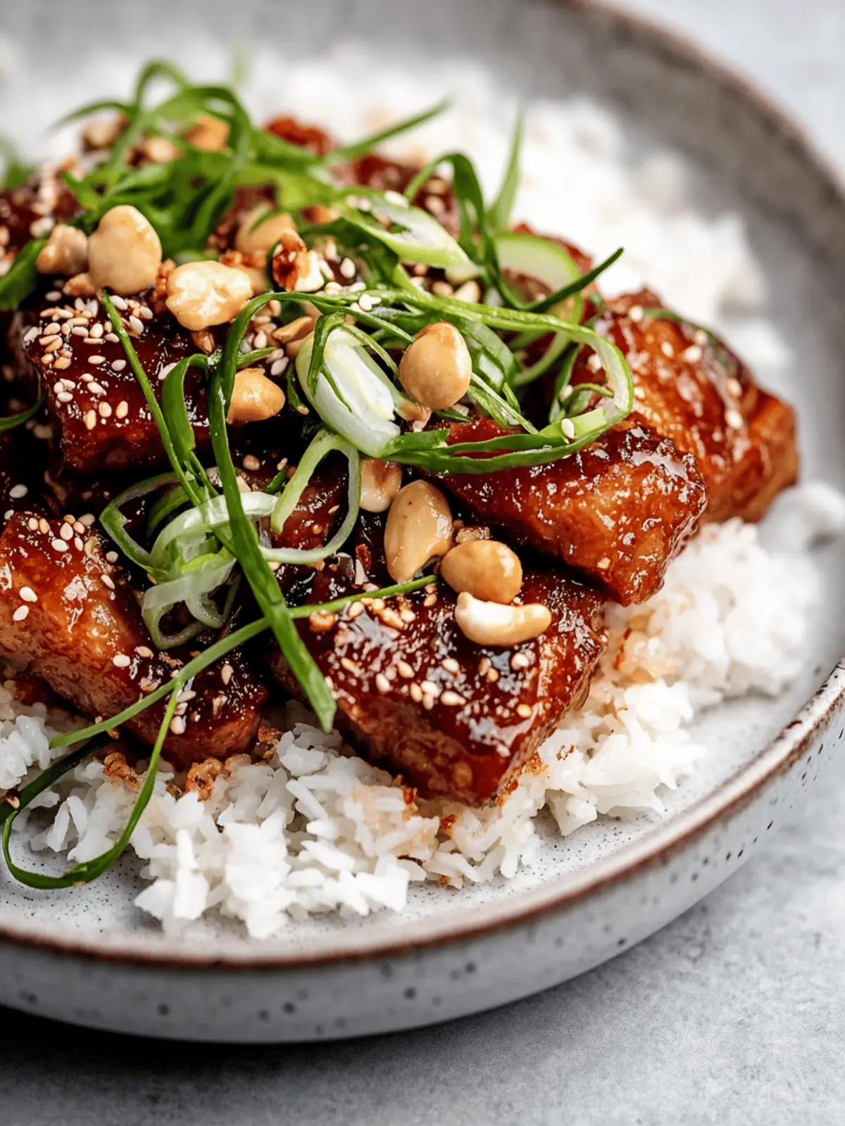 Crispy Pork Belly in Cashew Gochujang Sauce Over Crispy Rice