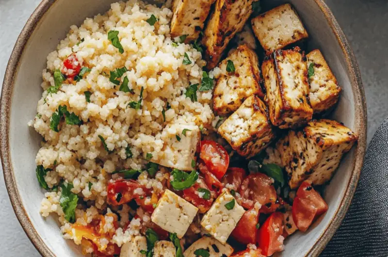 Mediterranean Herbed Lemon Tofu and Couscous Bowl
