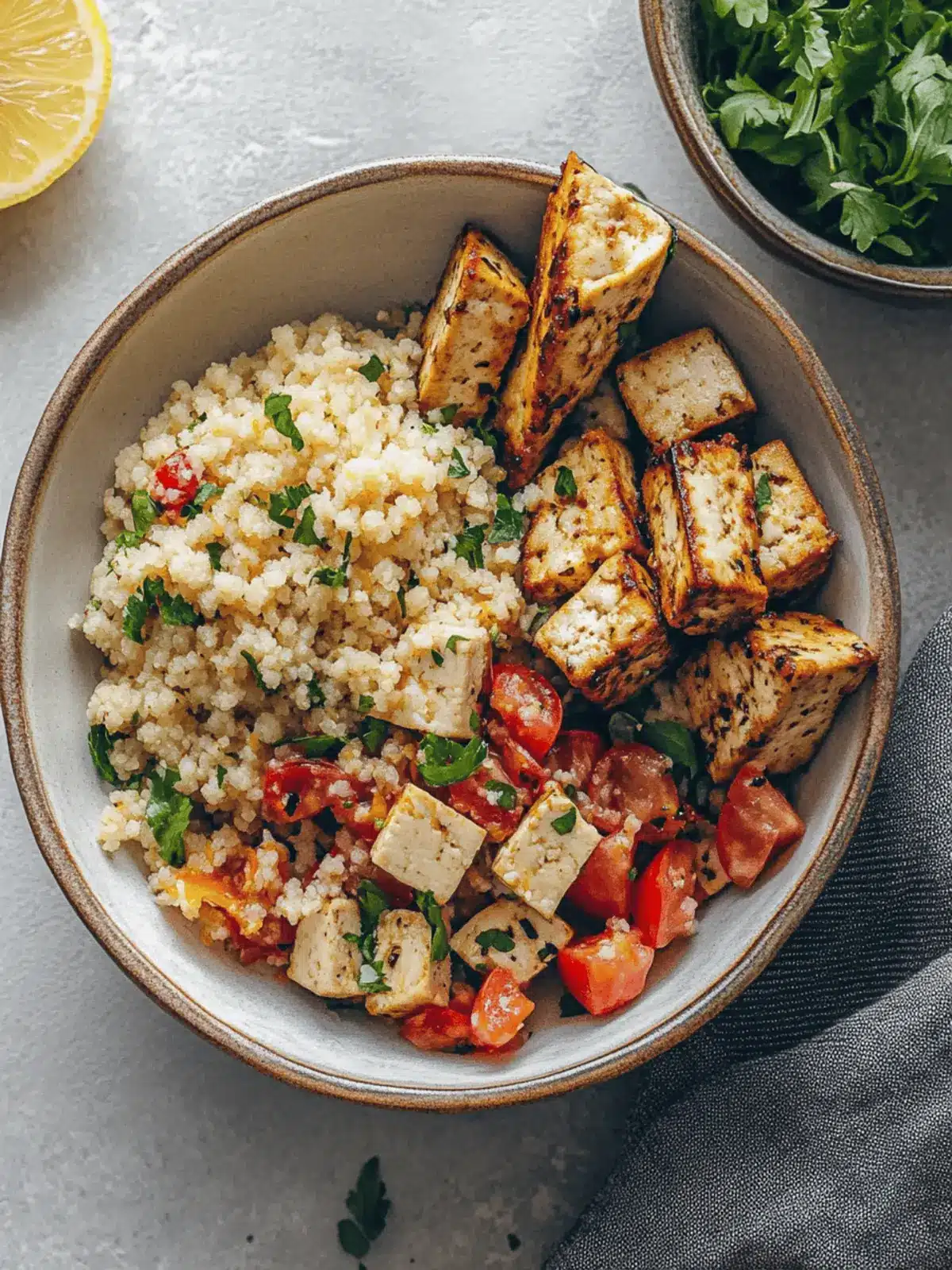 Mediterranean Herbed Lemon Tofu and Couscous Bowl