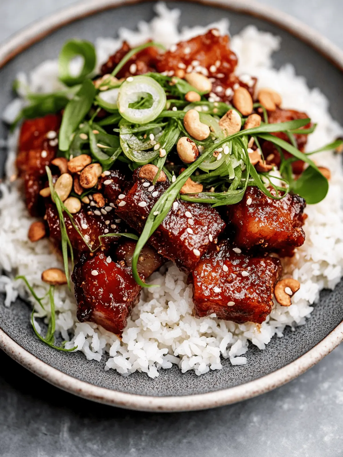 Crispy Pork Belly in Cashew Gochujang Sauce Over Crispy Rice