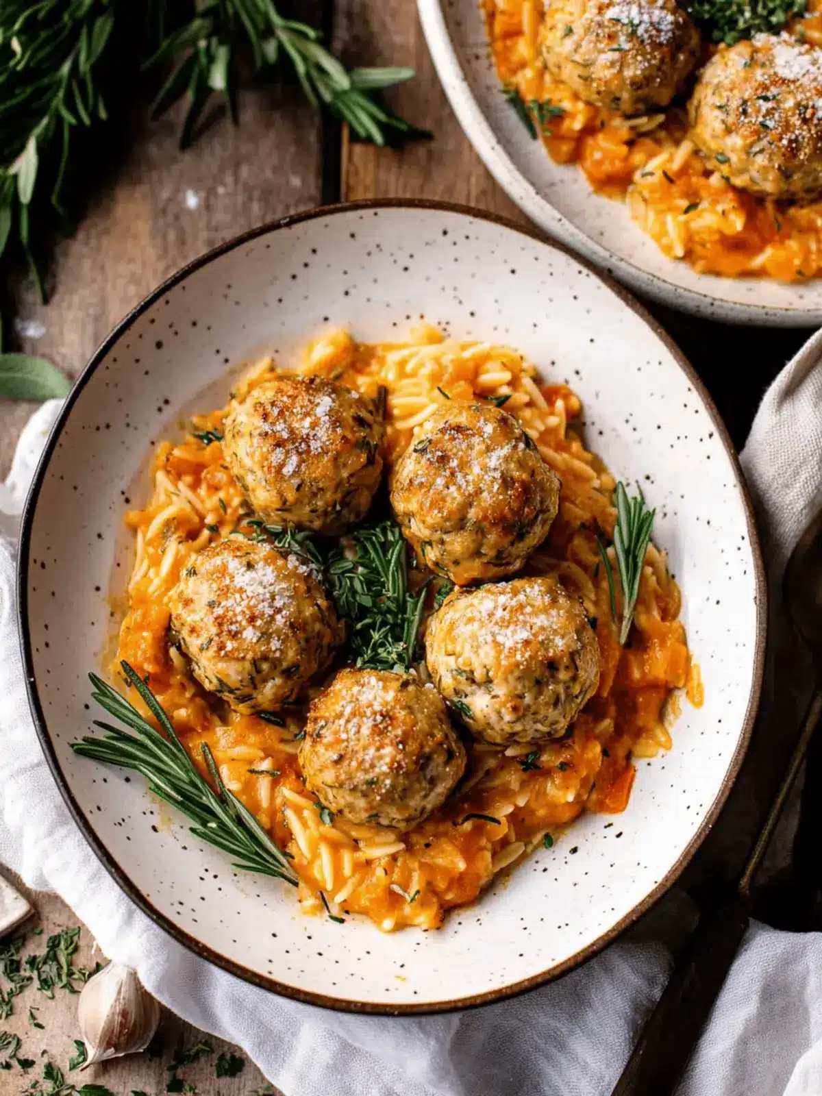 Baked Rosemary Chicken Meatballs with Tomato Orzo