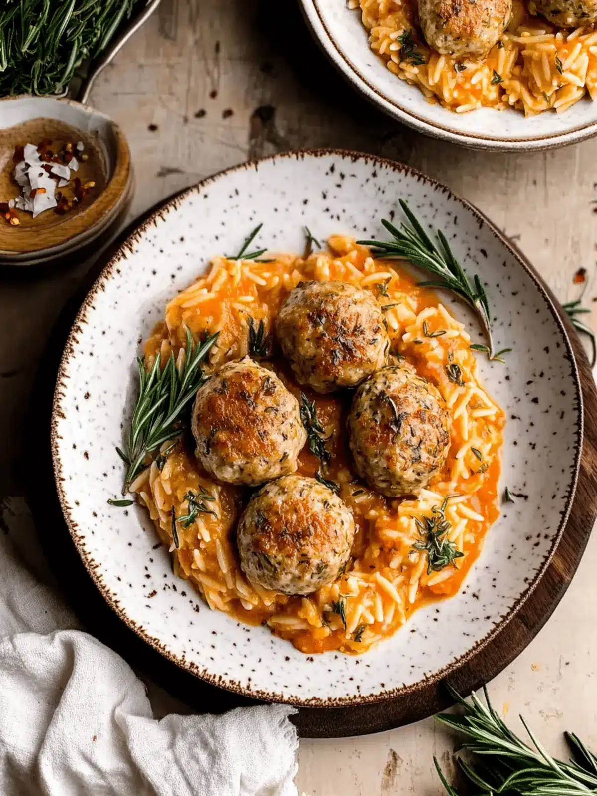 Baked Rosemary Chicken Meatballs with Tomato Orzo