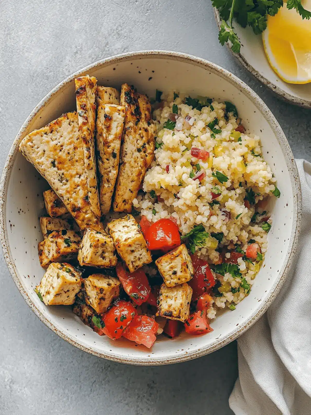 Mediterranean Herbed Lemon Tofu and Couscous Bowl