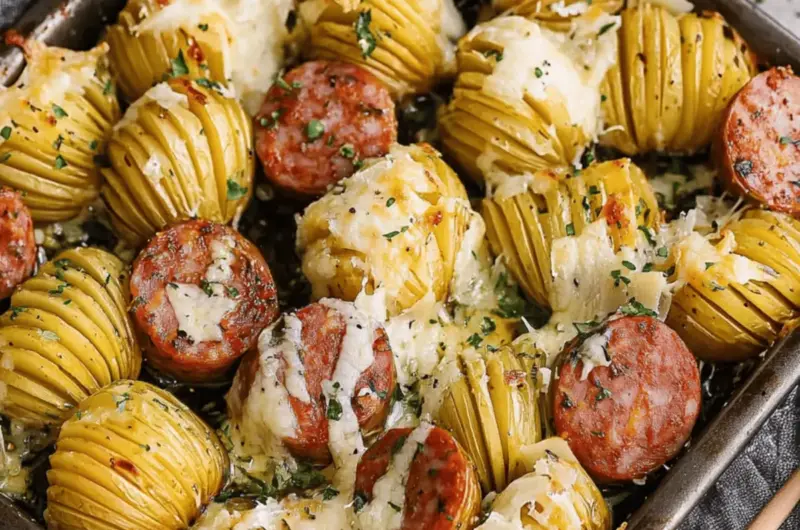 Kielbasa Sheet Pan Dinner with Cheesy Hasselback Potatoes