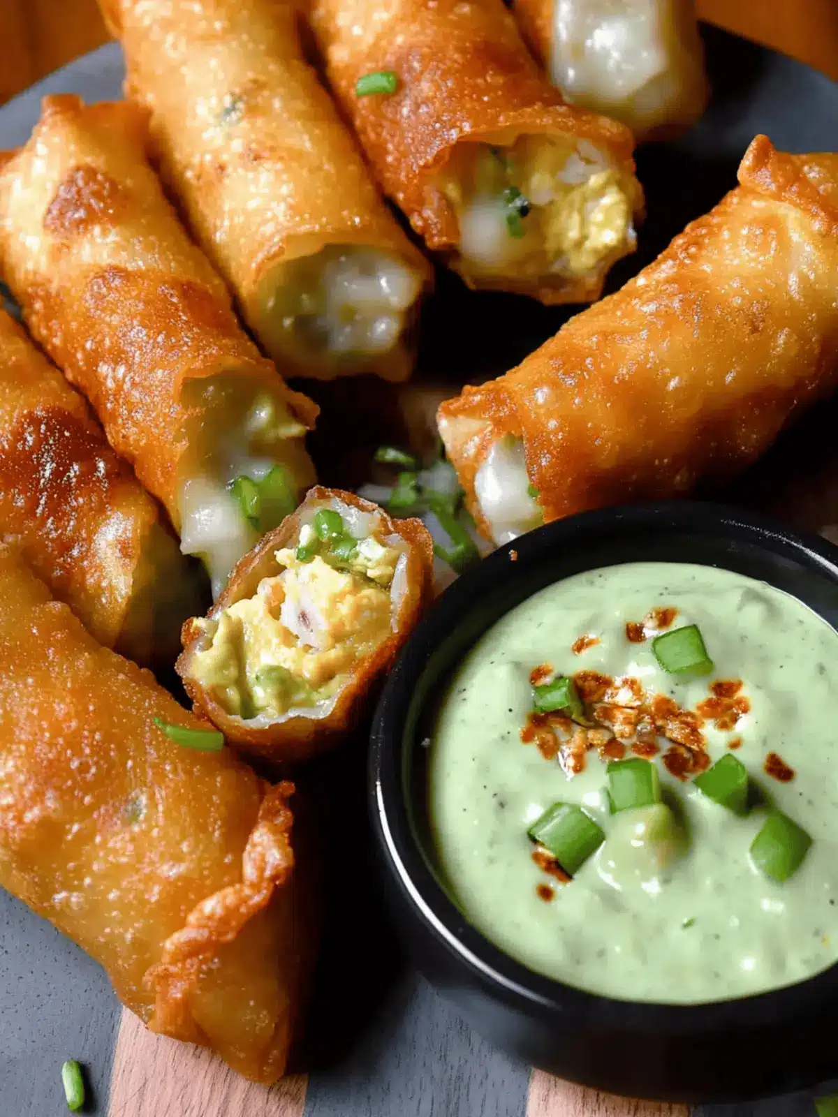 Crispy & Cheesy Elote Egg Rolls with Avocado Sauce