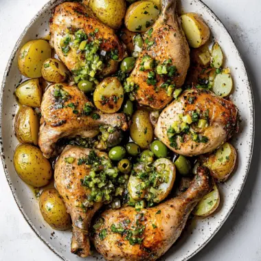 Sheet Pan Chicken and Potatoes with Green Olive Salsa