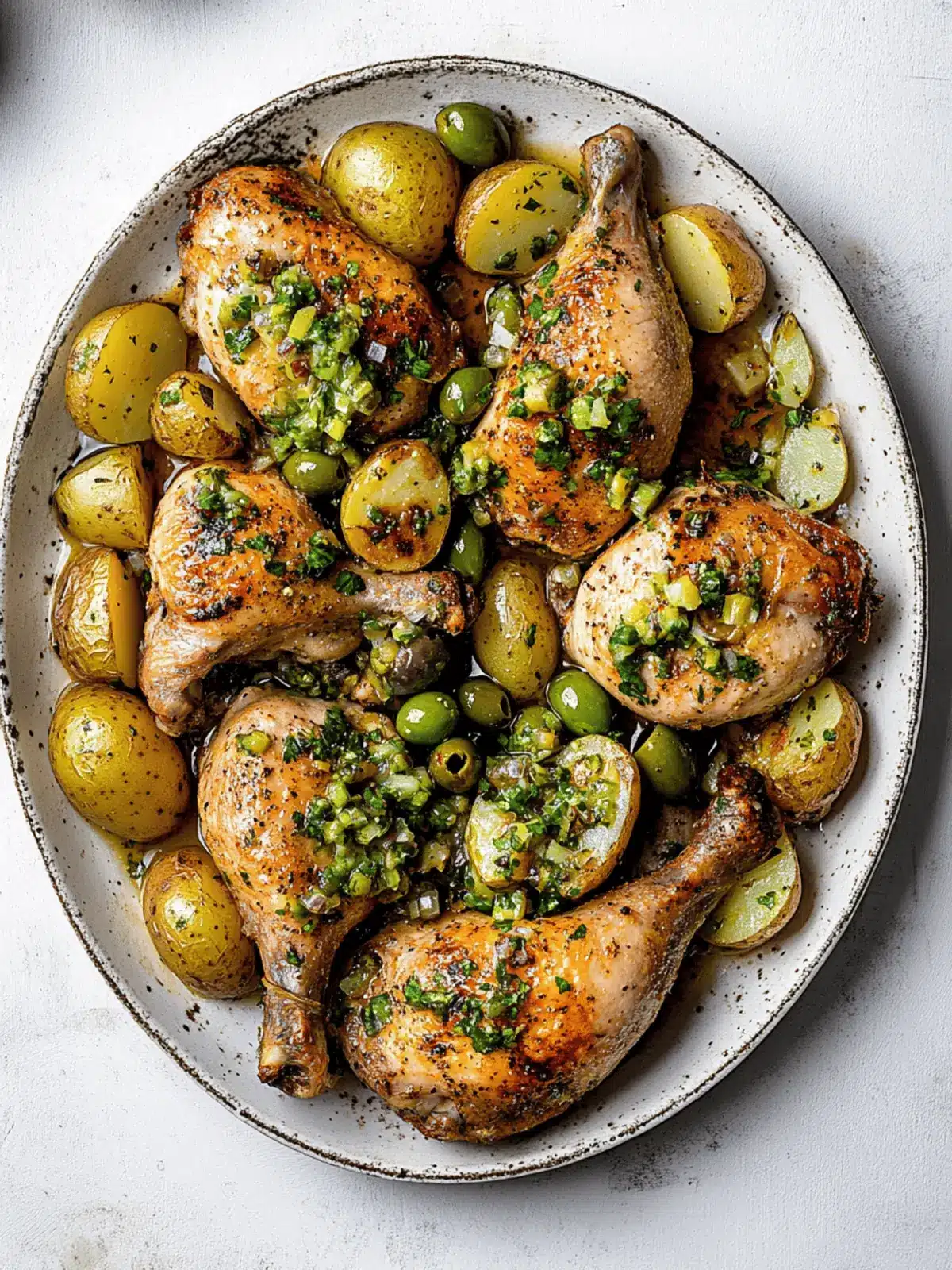 Sheet Pan Chicken and Potatoes with Green Olive Salsa