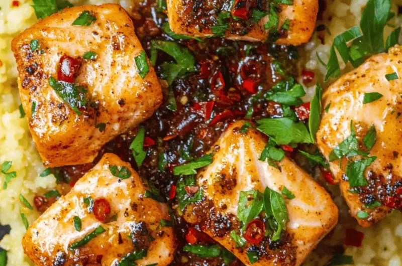 Salmon Bites With Spicy Chili Crisp Sauce