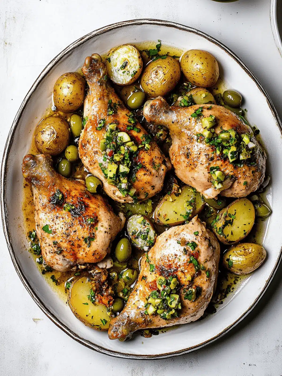 Sheet Pan Chicken and Potatoes with Green Olive Salsa