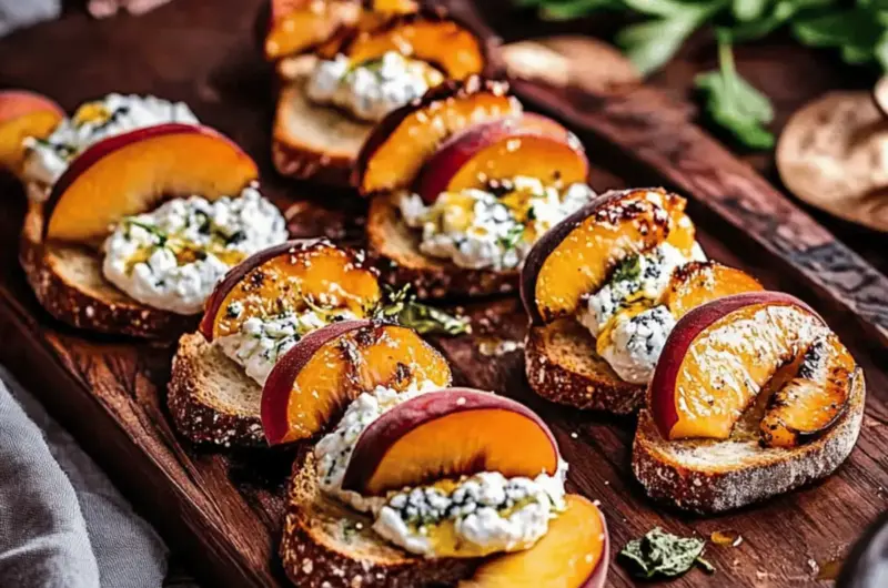 Roasted Peach Crostini with Whipped Blue Cheese Ricotta