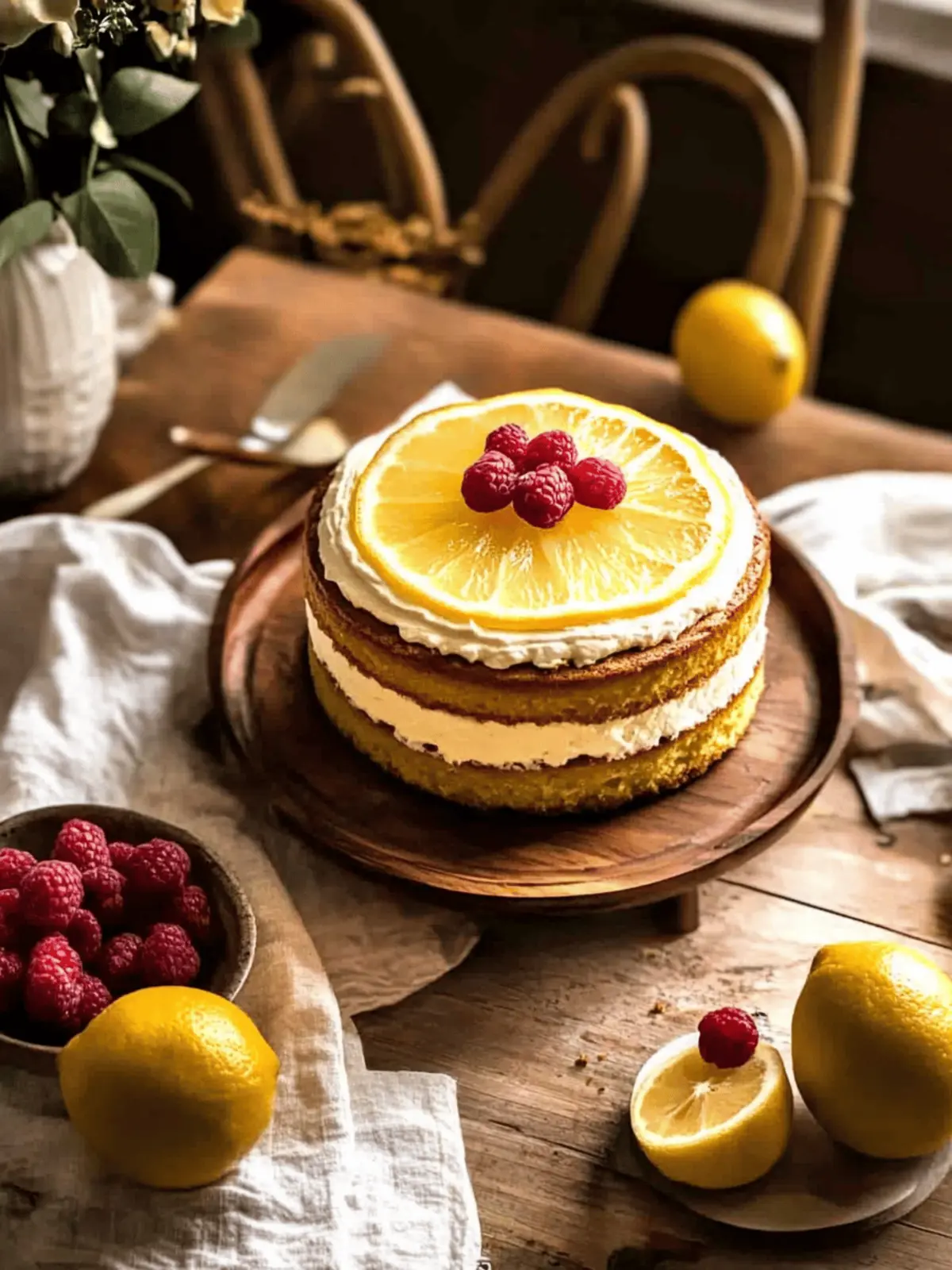 Meyer Lemon Olive Oil Cake with Bavarian Cream & Raspberry Agrodolce