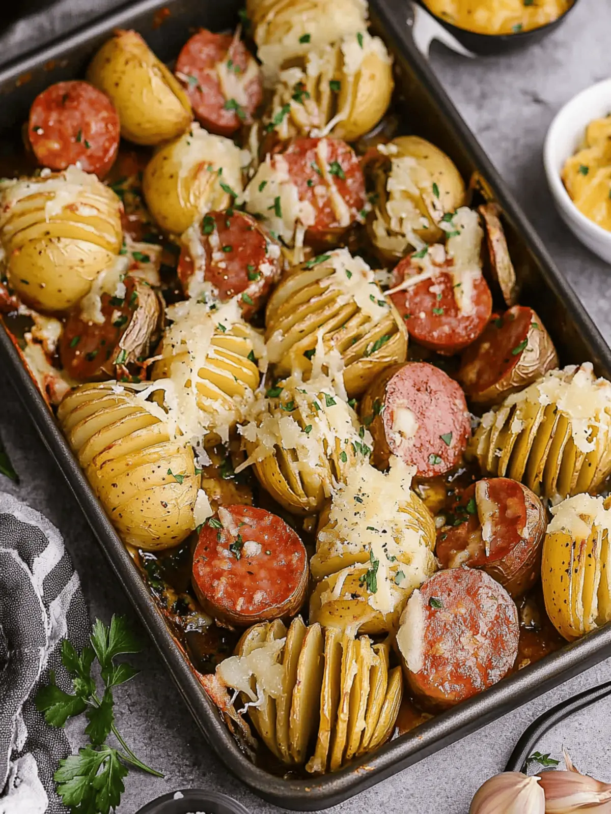 Kielbasa Sheet Pan Dinner with Cheesy Hasselback Potatoes
