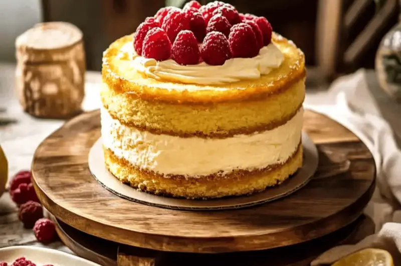 Meyer Lemon Olive Oil Cake with Bavarian Cream & Raspberry Agrodolce