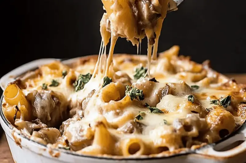 One Pot Creamy French Onion Pasta Bake