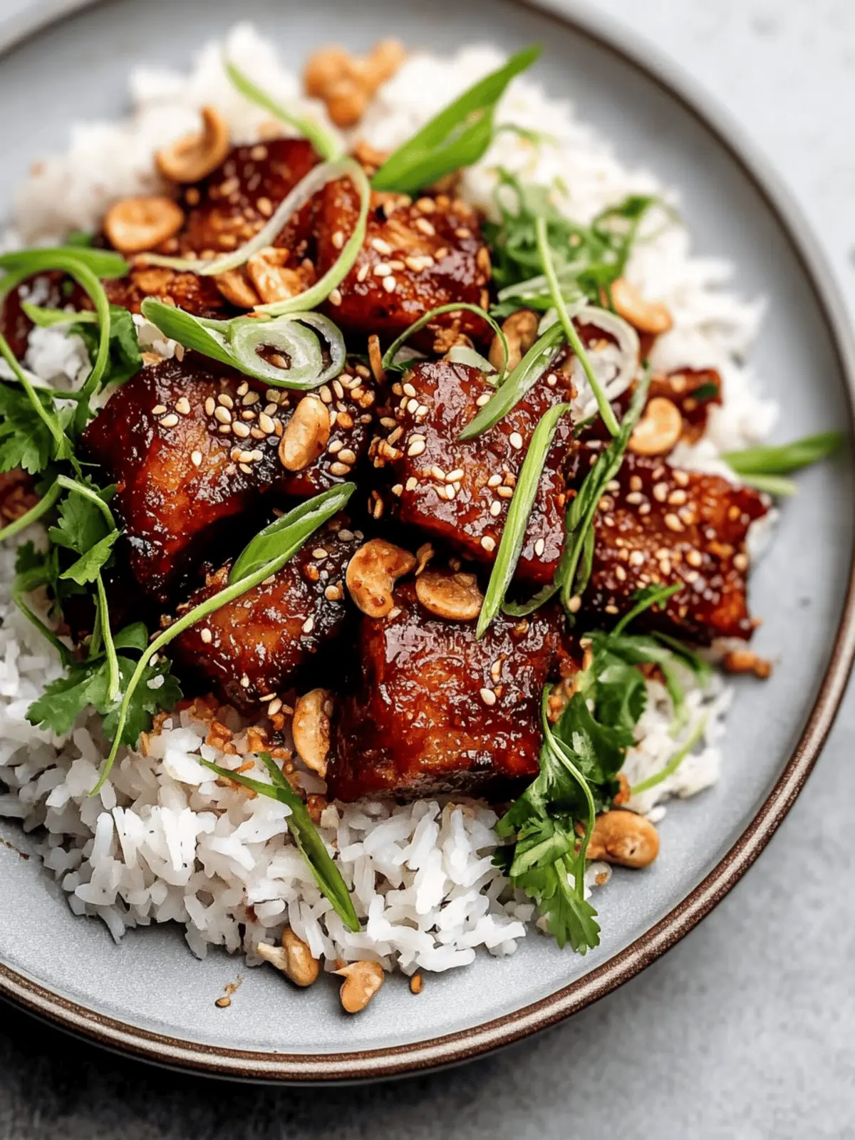 Crispy Pork Belly in Cashew Gochujang Sauce Over Crispy Rice
