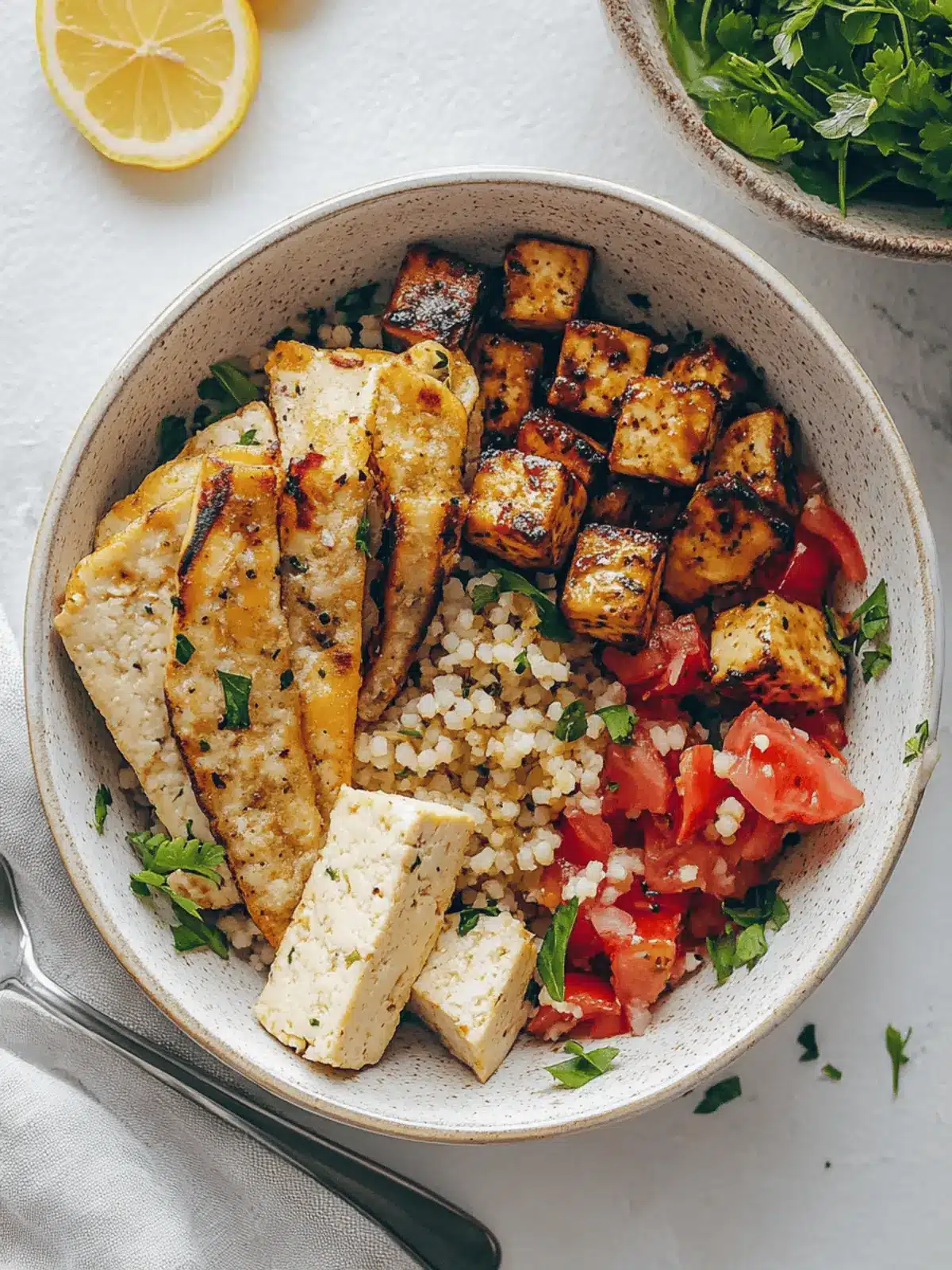 Mediterranean Herbed Lemon Tofu and Couscous Bowl