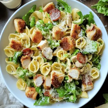 Caesar Pasta Salad with Parmesan Crusted Chicken Croutons
