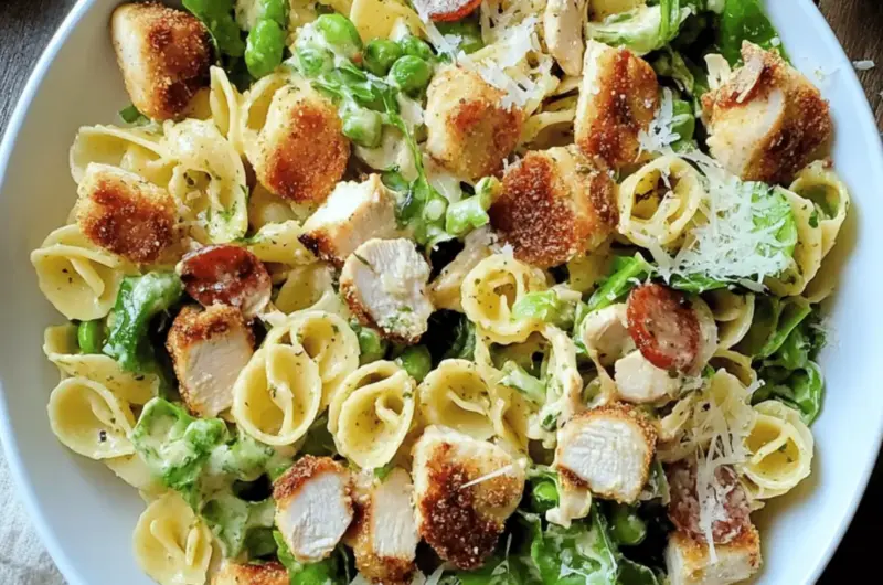 Caesar Pasta Salad with Parmesan Crusted Chicken Croutons
