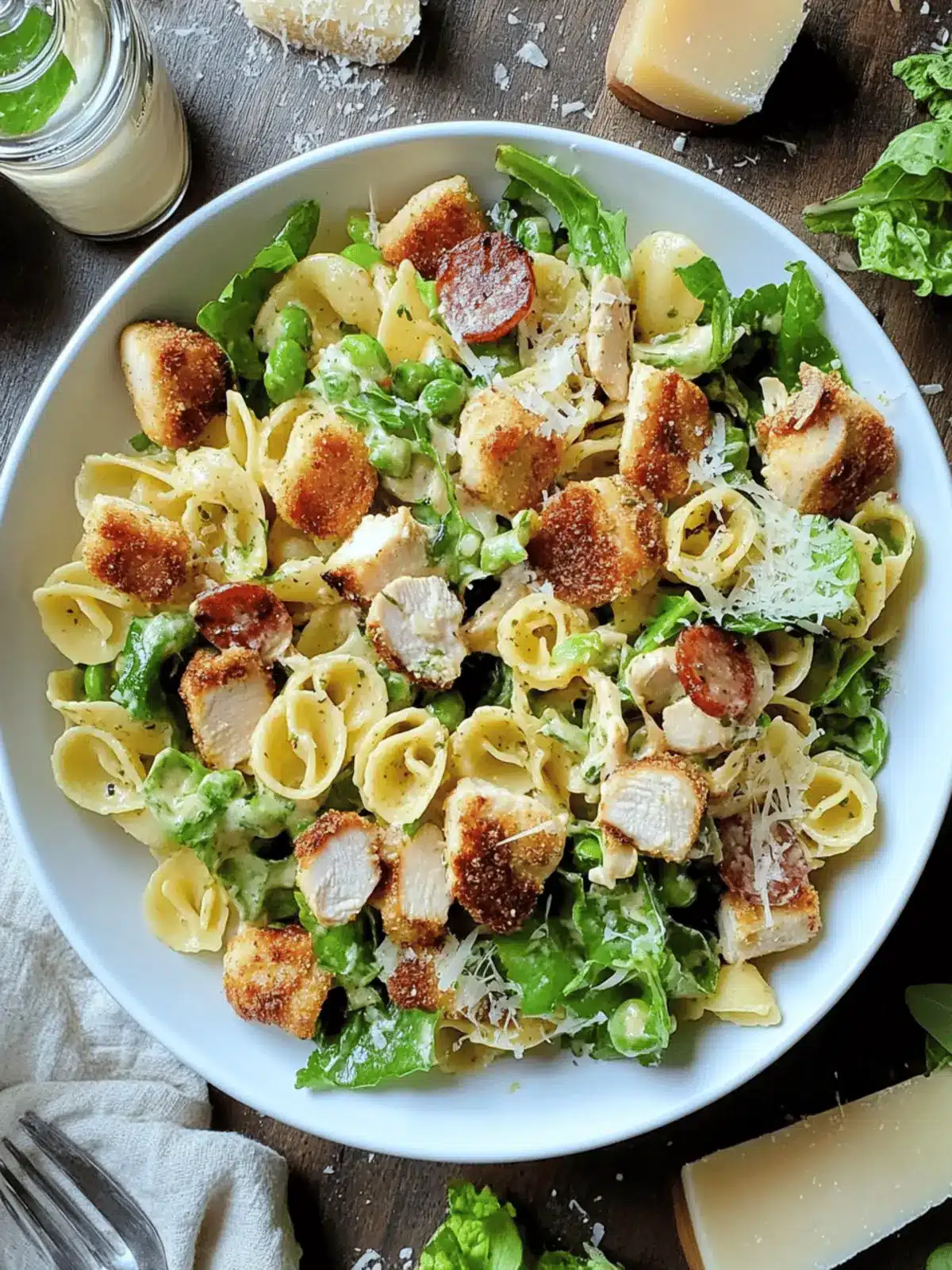 Caesar Pasta Salad with Parmesan Crusted Chicken Croutons