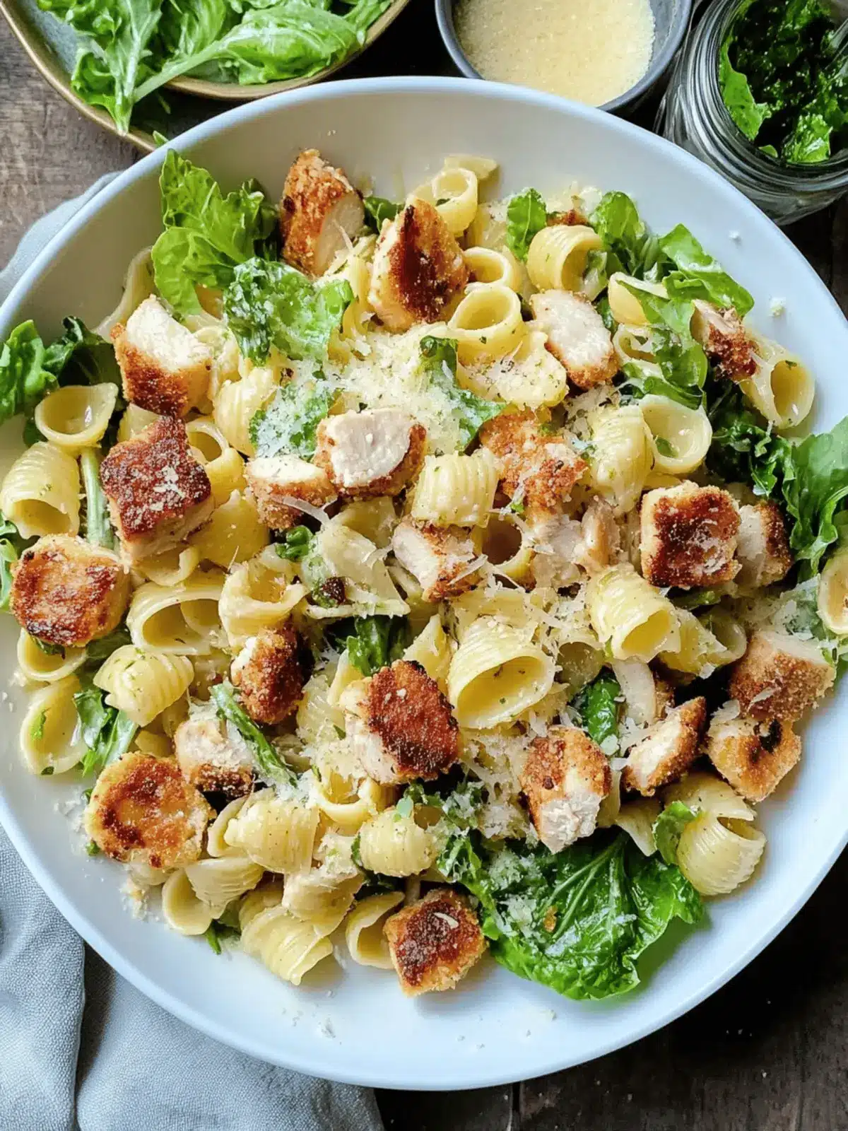Caesar Pasta Salad with Parmesan Crusted Chicken Croutons