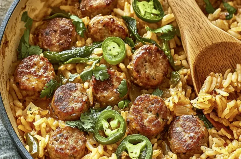 One Pan Cheddar Jalapeño Sausage & Rice Skillet