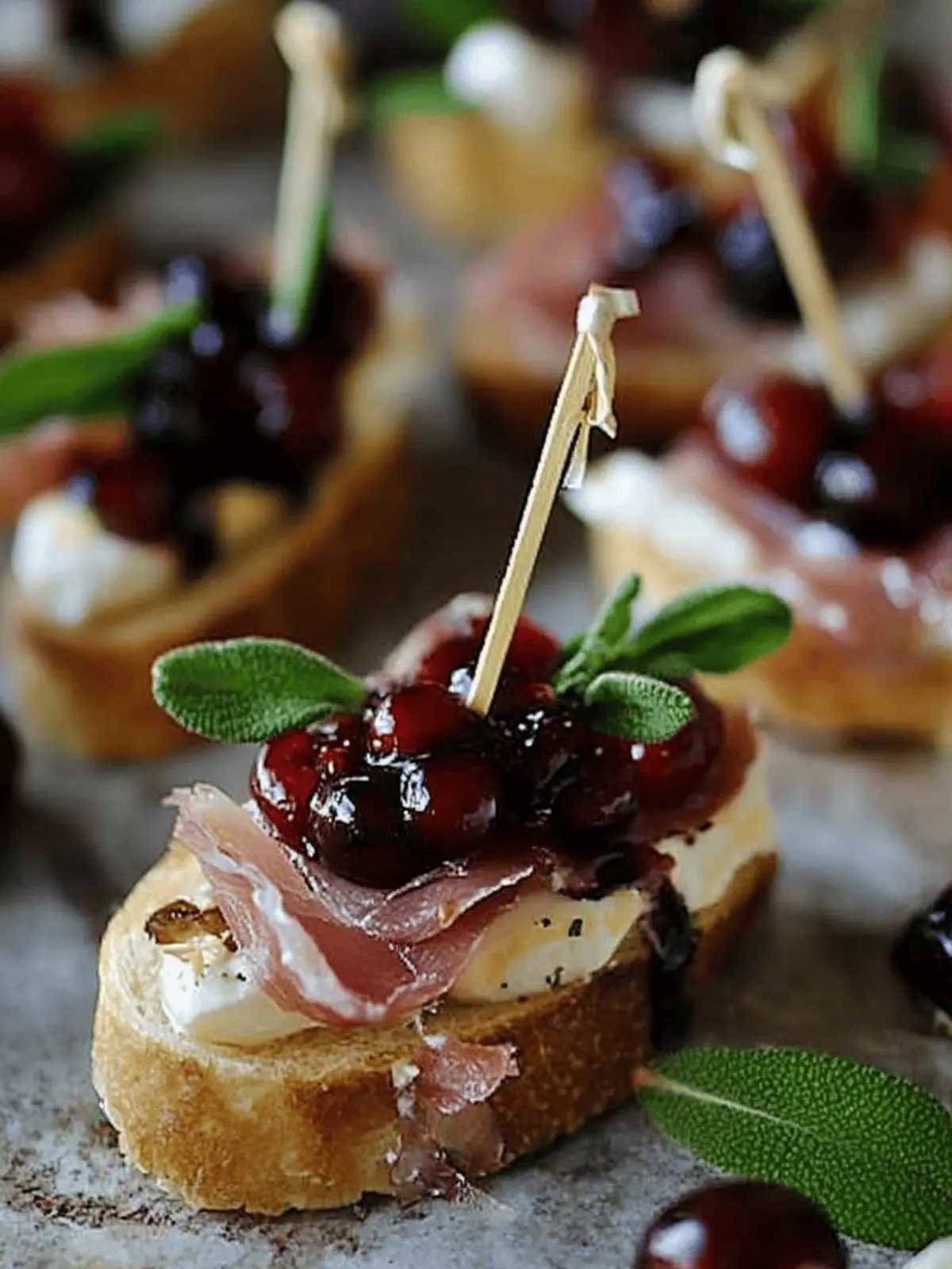 Cranberry, Brie and Prosciutto Crostini with Balsamic Glaze