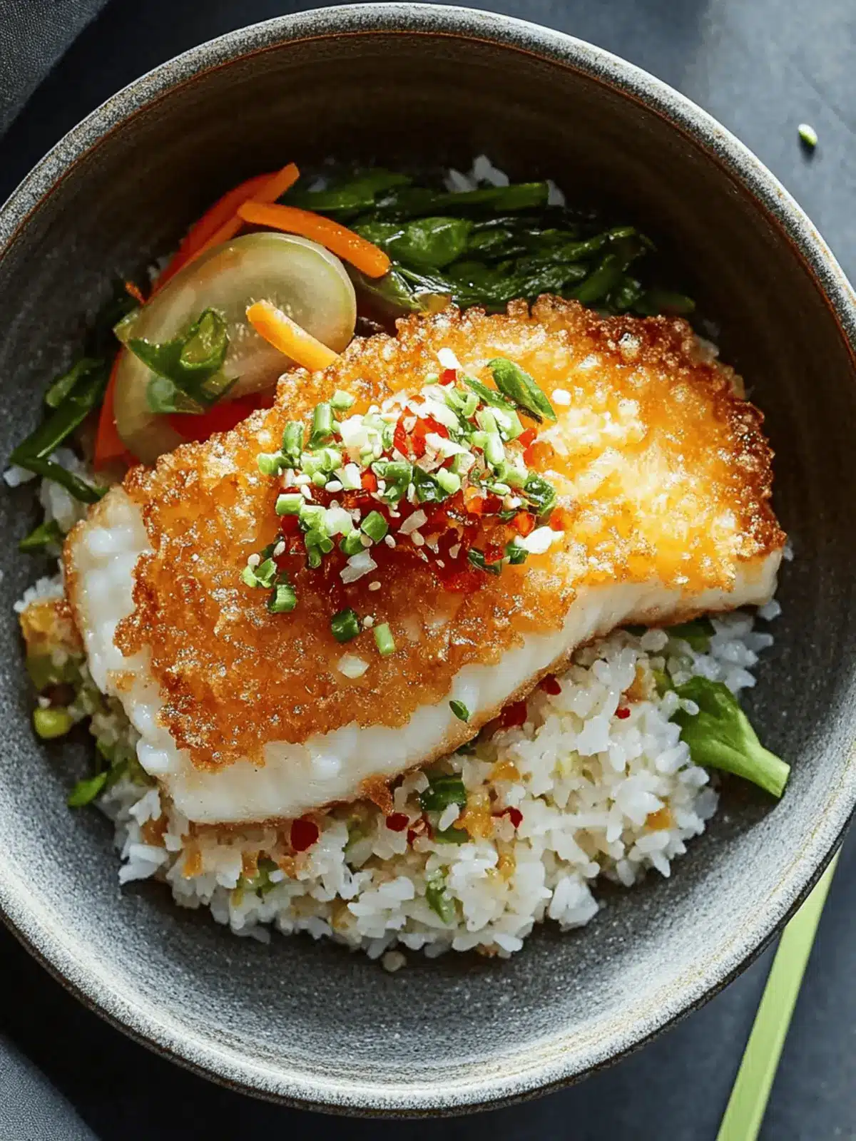 Halibut Tempura with Japanese Pickles & Spring Onion Rice
