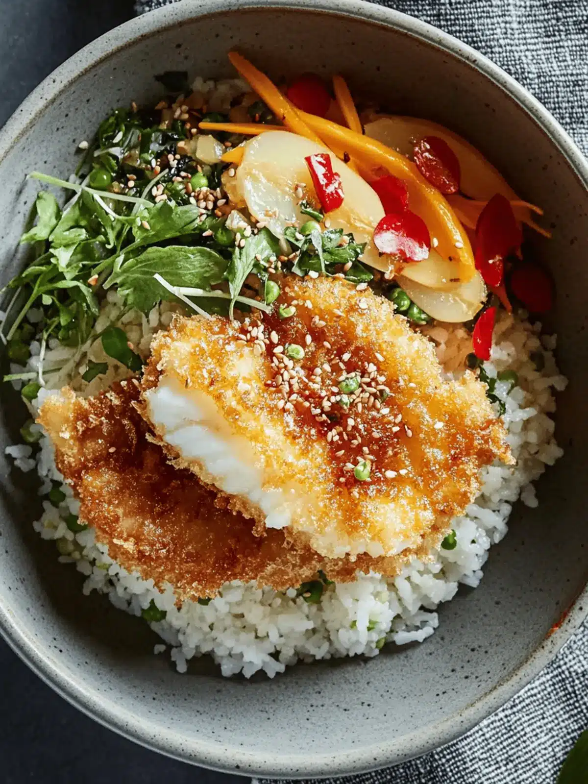 Halibut Tempura with Japanese Pickles & Spring Onion Rice