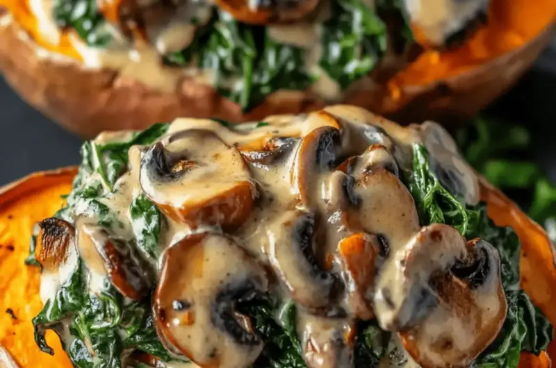 Creamy Mushroom and Spinach Stuffed Sweet Potatoes