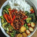 Spicy Ground Beef Stir-Fry Bowl with Garlic Veggies & Steamy Rice