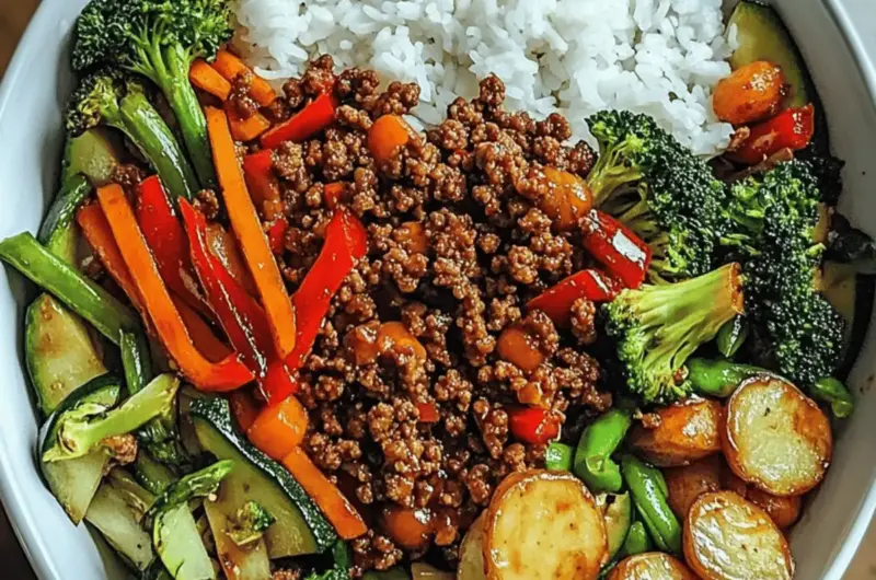 Spicy Ground Beef Stir-Fry Bowl with Garlic Veggies & Steamy Rice