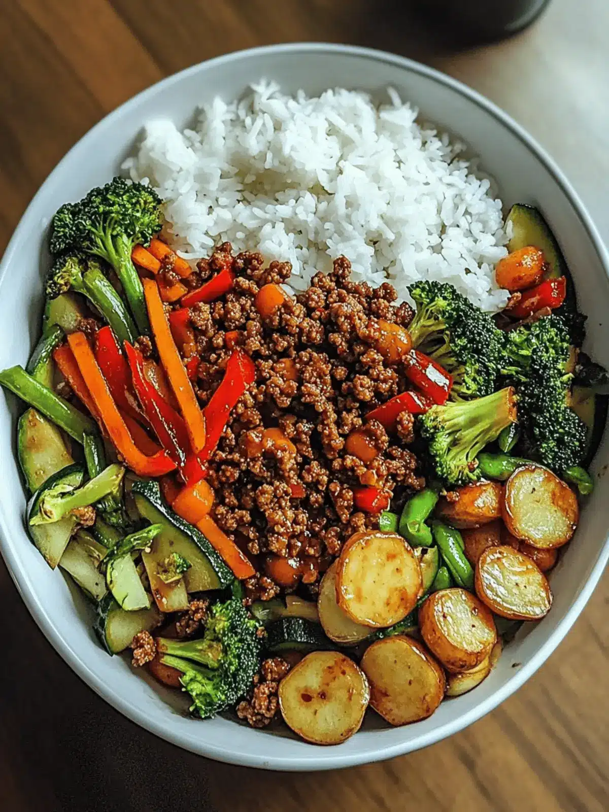 Spicy Ground Beef Stir-Fry Bowl with Garlic Veggies & Steamy Rice