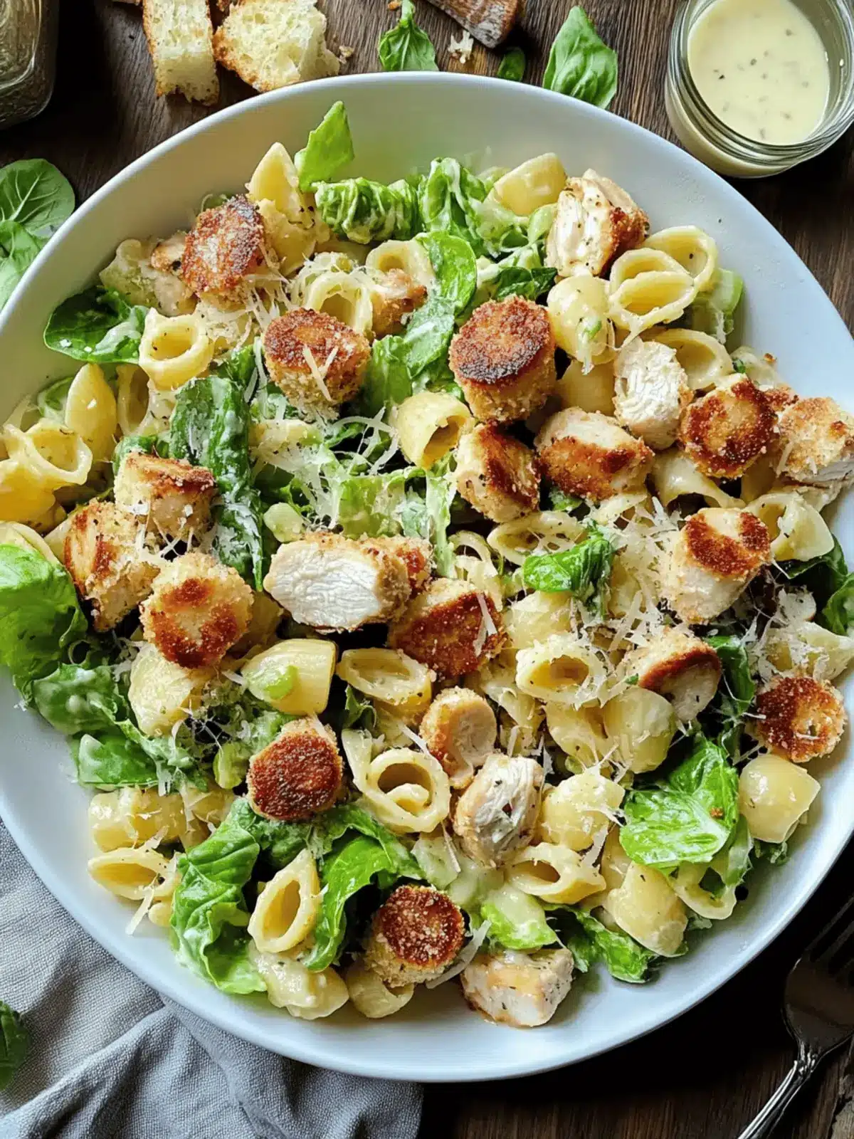 Caesar Pasta Salad with Parmesan Crusted Chicken Croutons